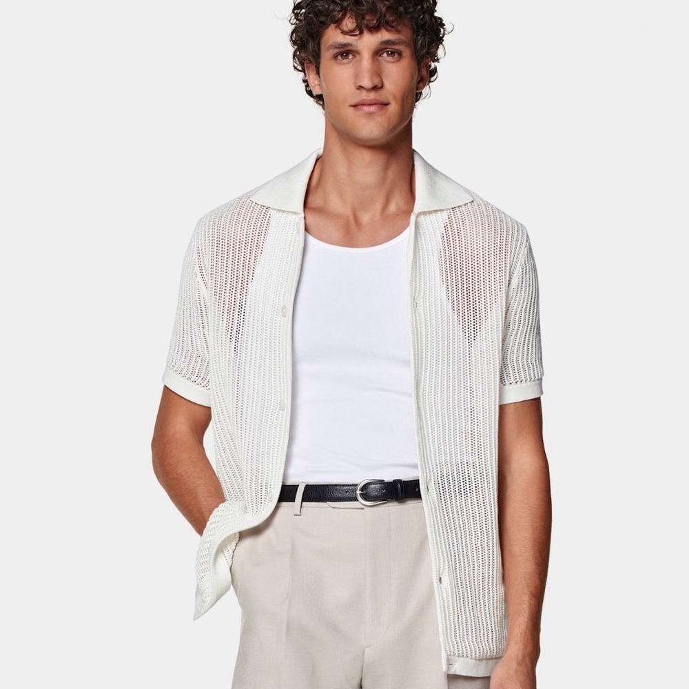 Suitsupply off-white crochet polo cardigan
